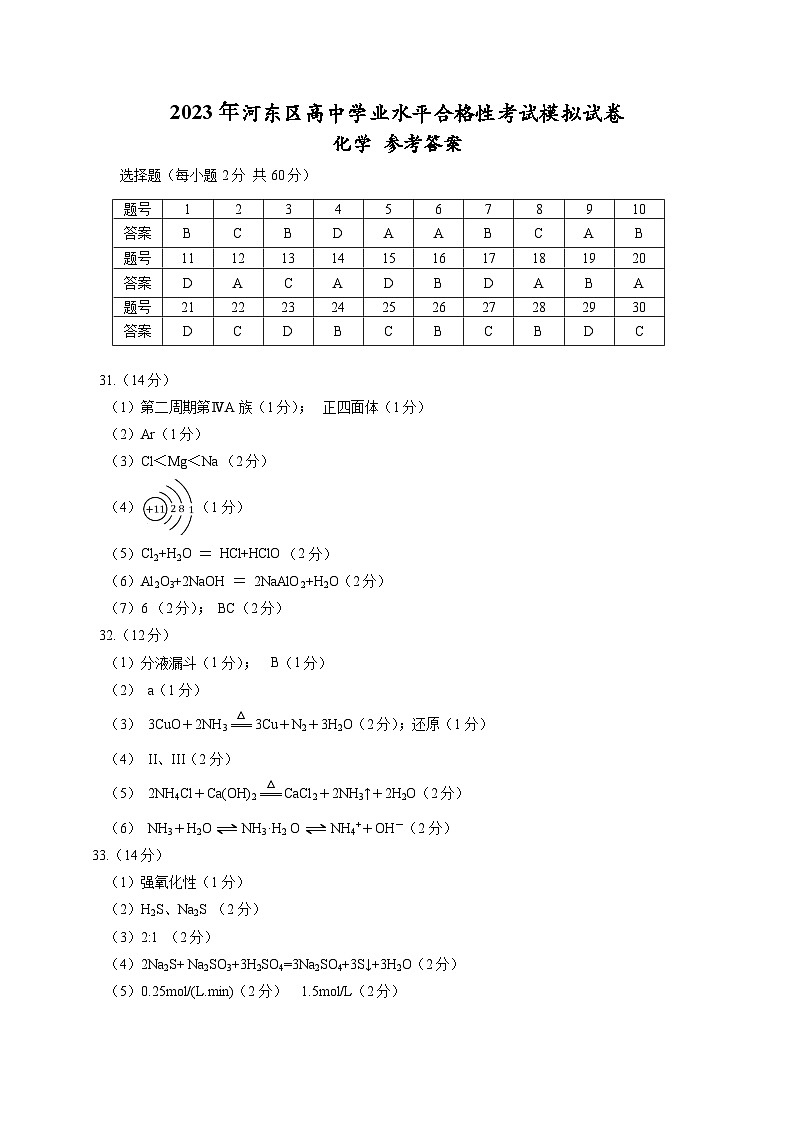 2023年6月天津市河东区普通高中学业水平合格性考试化学模拟试卷（扫描版含答案）01