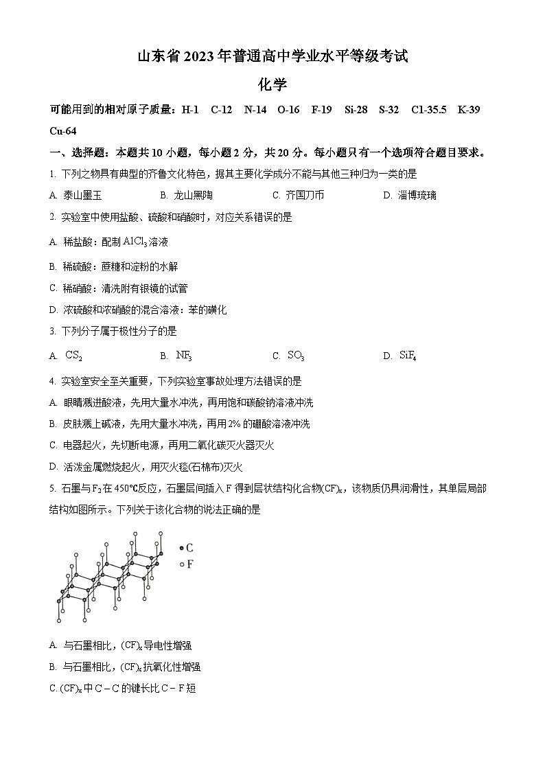 2023年高考山东卷化学真题（原卷版）第1页