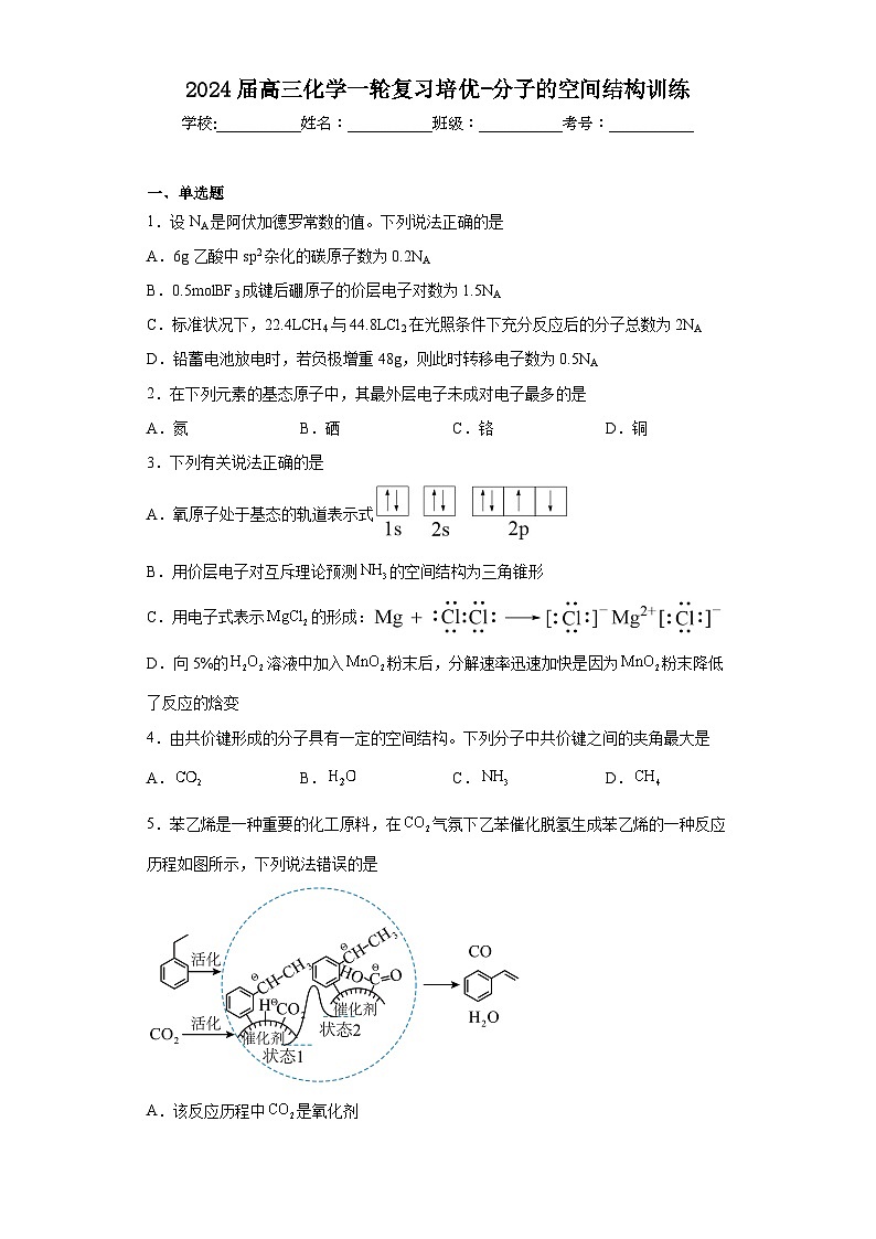 2024届高三化学一轮复习培优-分子的空间结构训练第1页