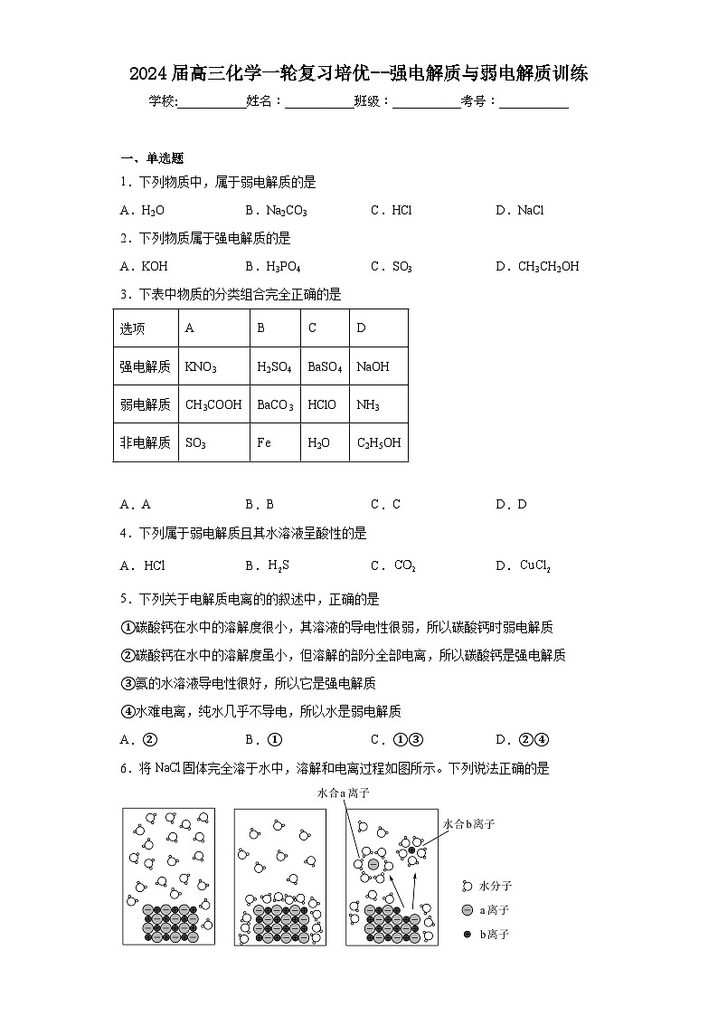 2024届高三化学一轮复习培优--强电解质与弱电解质训练第1页