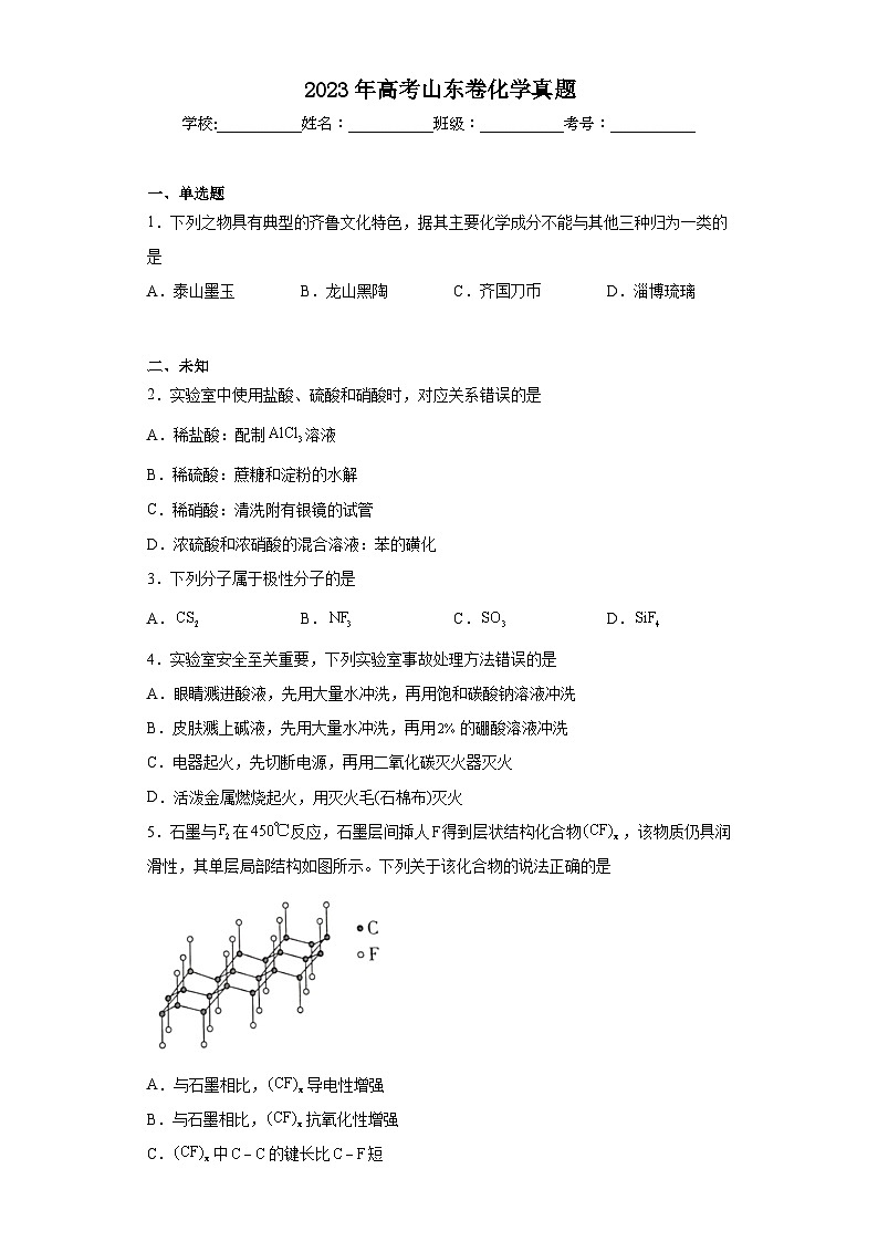 2023年高考山东卷化学真题（无答案）第1页