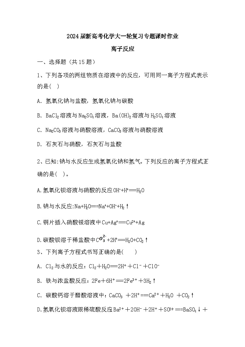 2024届高三新高考化学大一轮复习专题课时作业：离子反应第1页