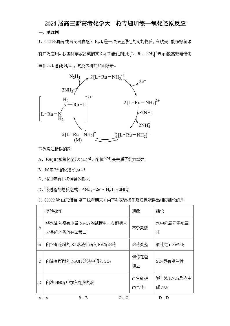 2024届高三化学一轮专题训练—氧化还原反应第1页