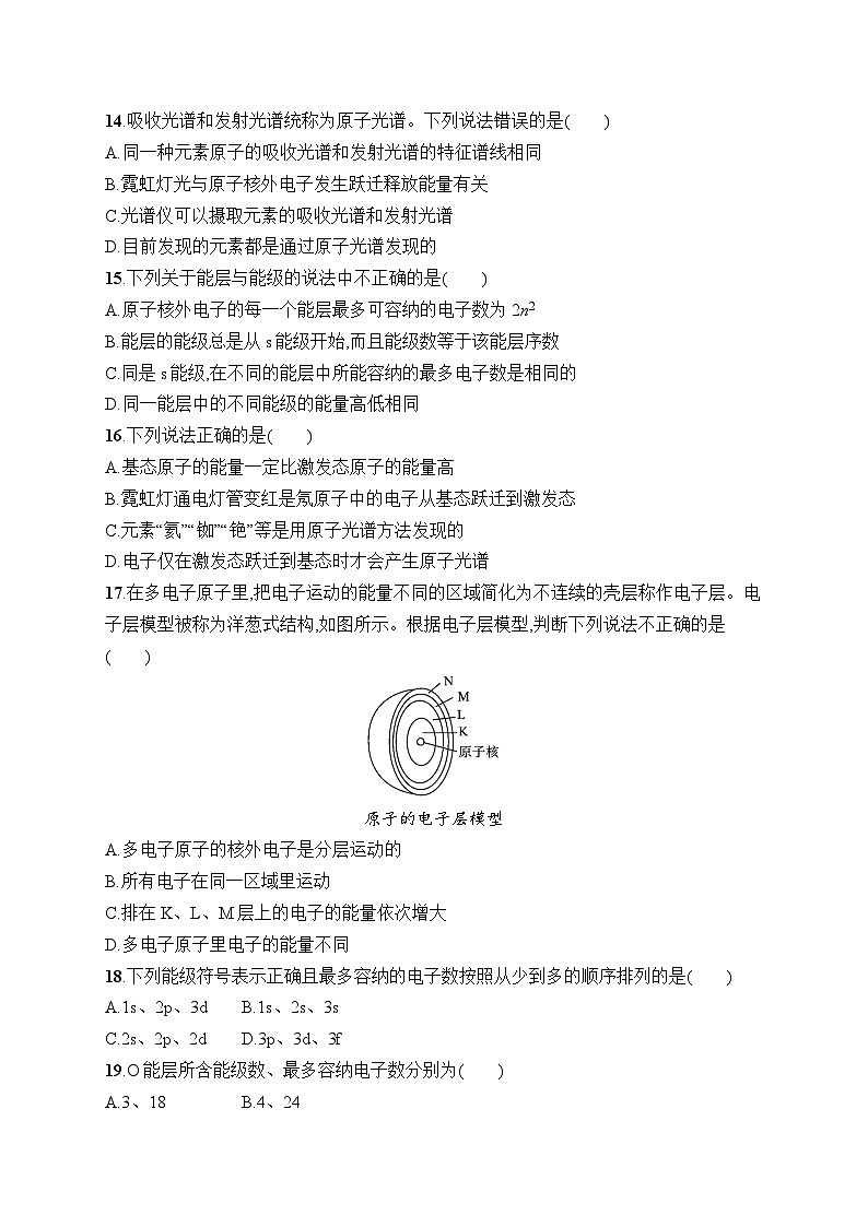 高中化学选择性必修二（人教A版）第一章  第1节　第1课时　能层与能级　基态与激发态　原子光谱 练习课件03