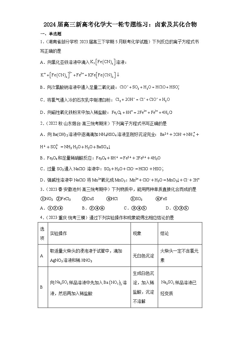 2024届高三新高考化学大一轮专题练习：卤素及其化合物第1页