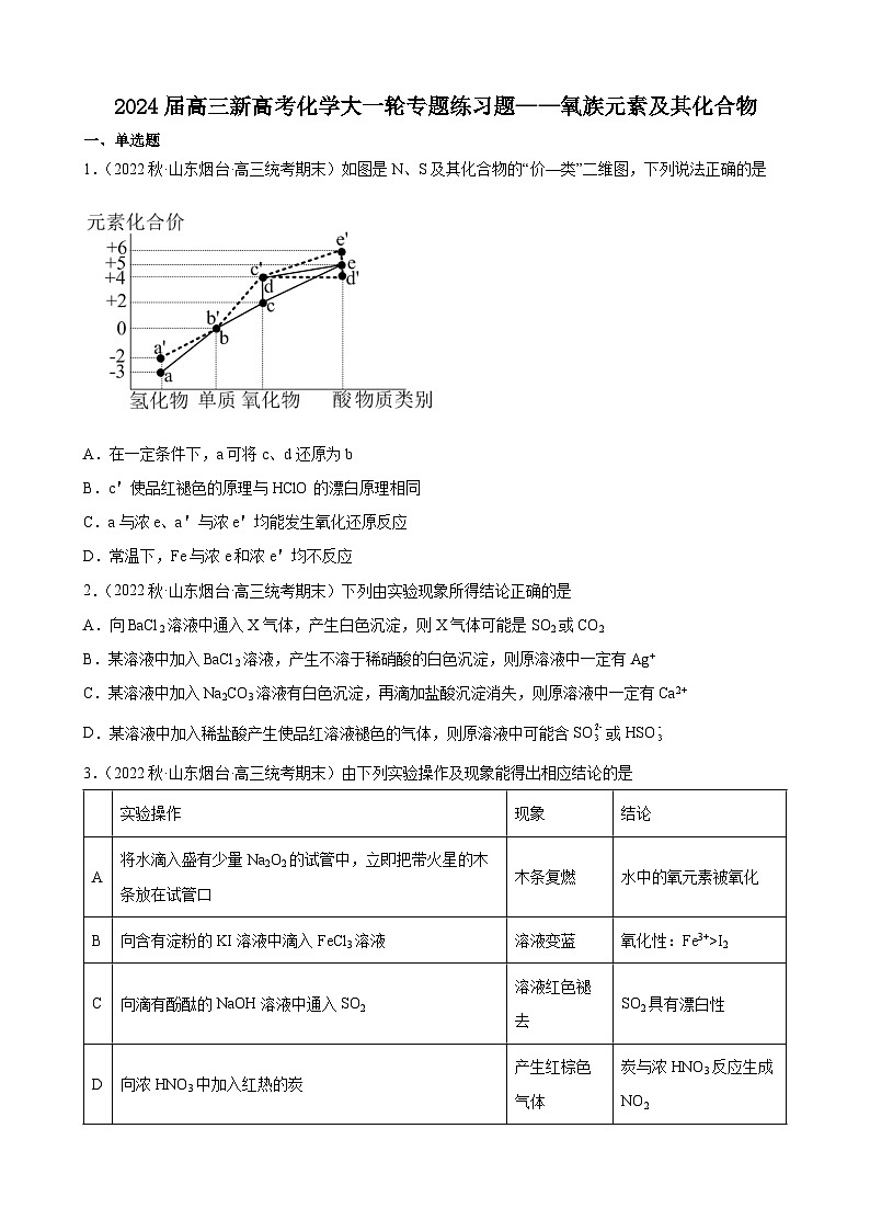 2024届高三新高考化学大一轮专题练习题——氧族元素及其化合物第1页