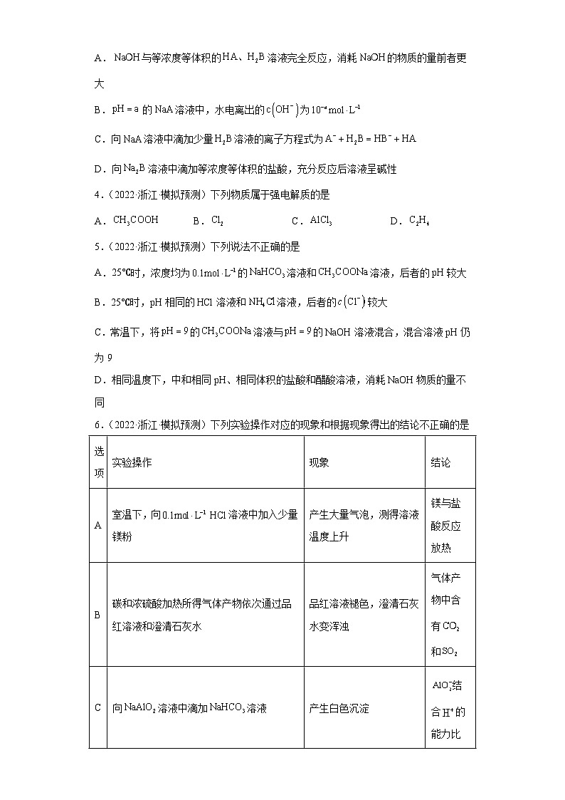 浙江省高考化学三年（2021-2023）模拟题分类汇编44水溶液中的离子反应和平衡（2）02