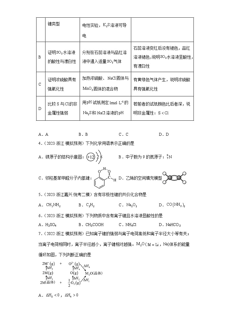 浙江省高考化学三年（2021-2023）模拟题分类汇编66原子结构，化学键（1）02