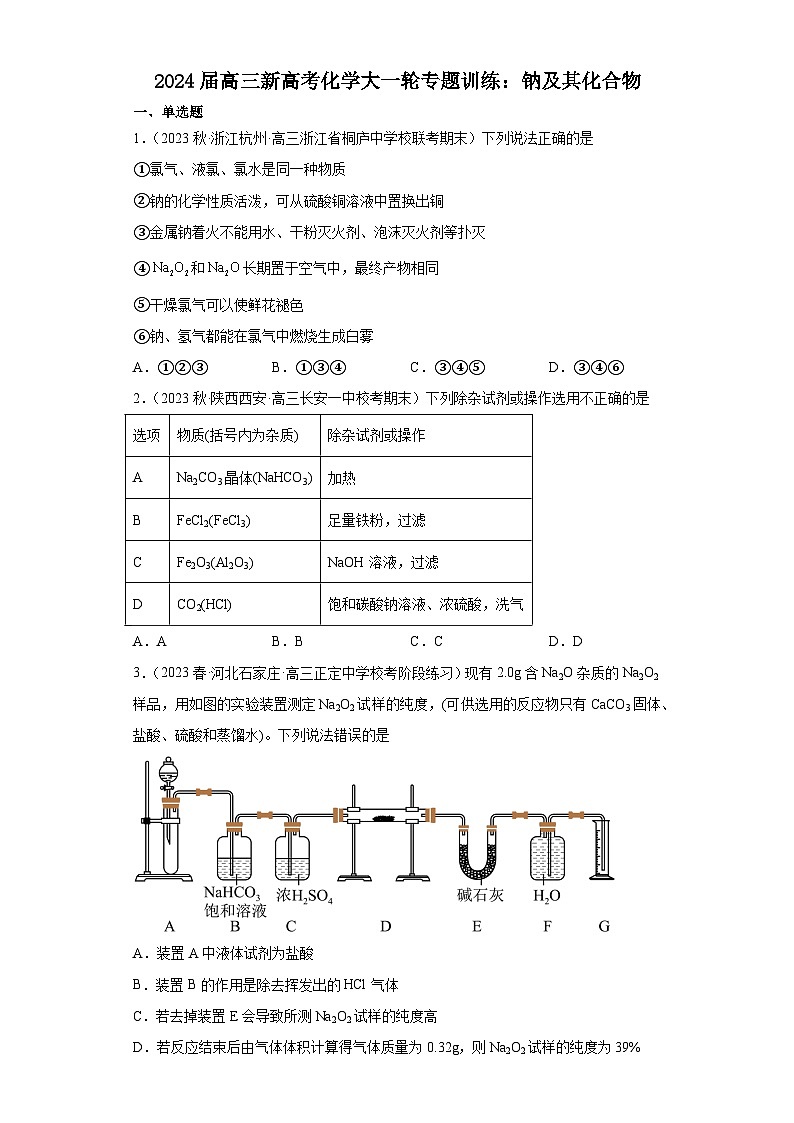 2024届高三新高考化学大一轮专题训练    钠及其化合物第1页