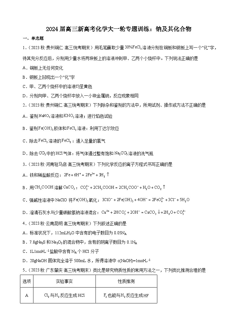 2024届高三新高考化学大一轮专题训练  钠及其化合物第1页