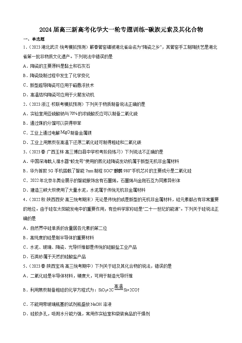 2024届高三新高考化学大一轮专题训练   碳族元素及其化合物第1页