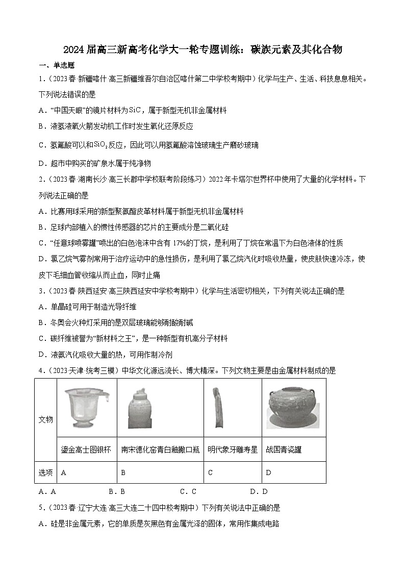 2024届高三新高考化学大一轮专题训练：碳族元素及其化合物第1页