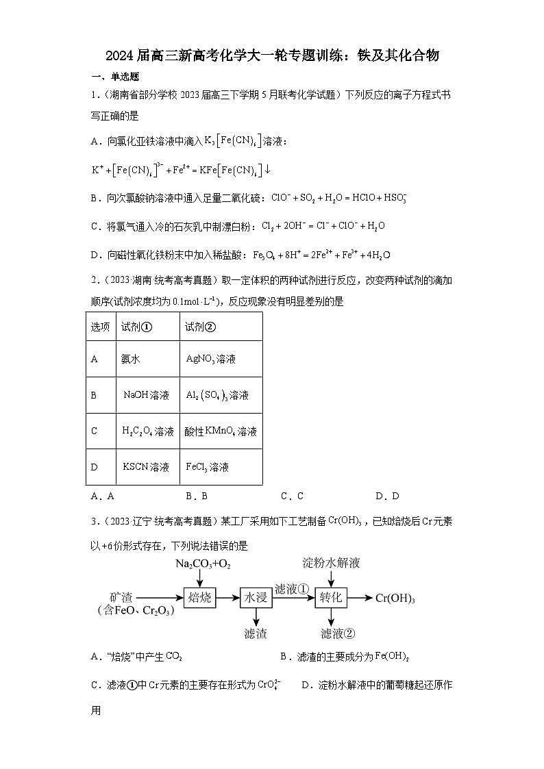2024届高三新高考化学大一轮专题训练：铁及其化合物01