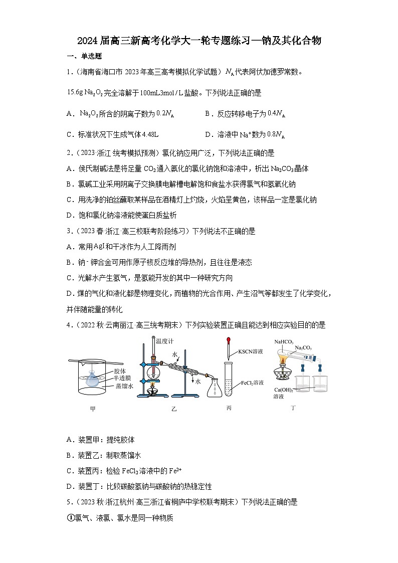 2024届高三新高考化学大一轮专题练习   钠及其化合物第1页