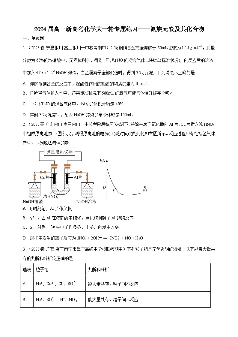 2024届高三新高考化学大一轮专题练习——氮族元素及其化合物01