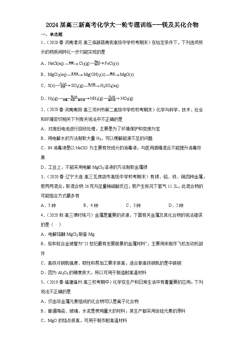 2024届高三新高考化学大一轮专题训练---镁及其化合物第1页