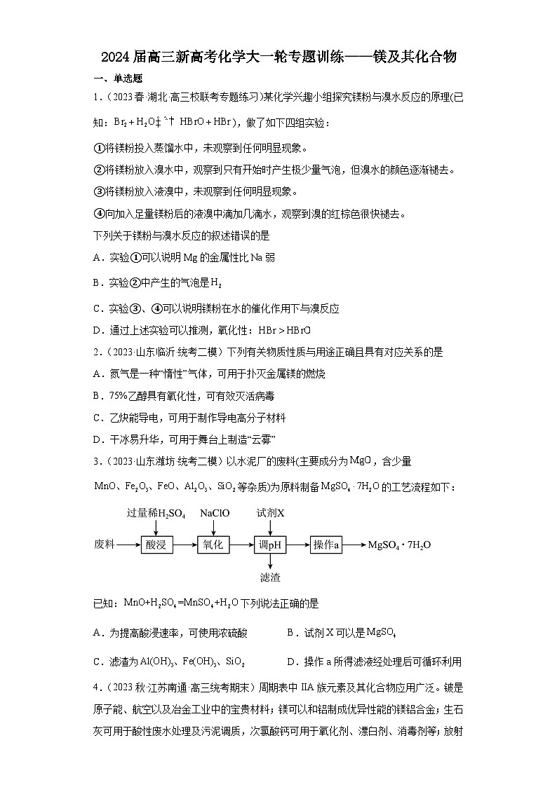 2024届高三新高考化学大一轮专题训练——镁及其化合物第1页