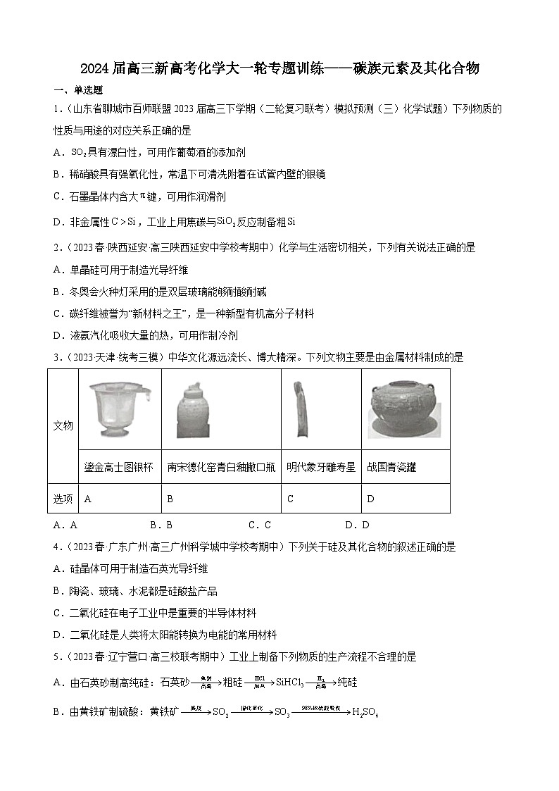 2024届高三新高考化学大一轮专题训练——碳族元素及其化合物01