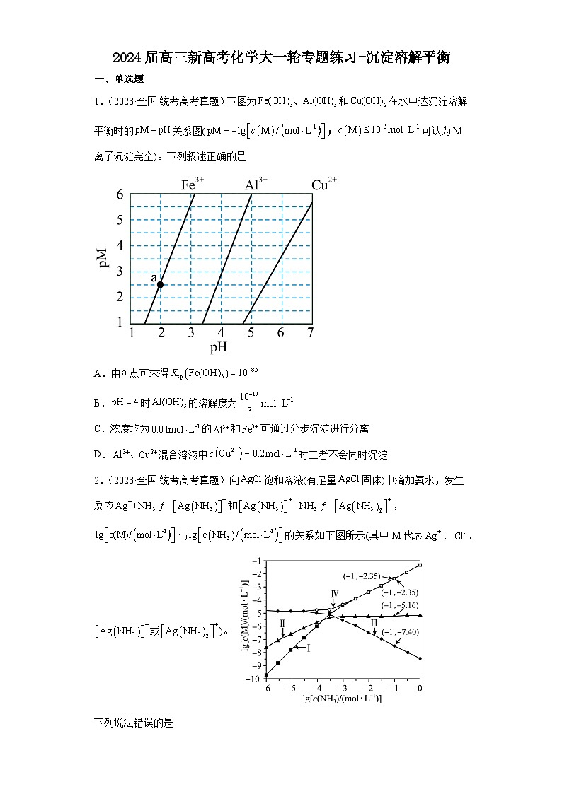 2024届高三新高考化学大一轮专题练习-沉淀溶解平衡第1页