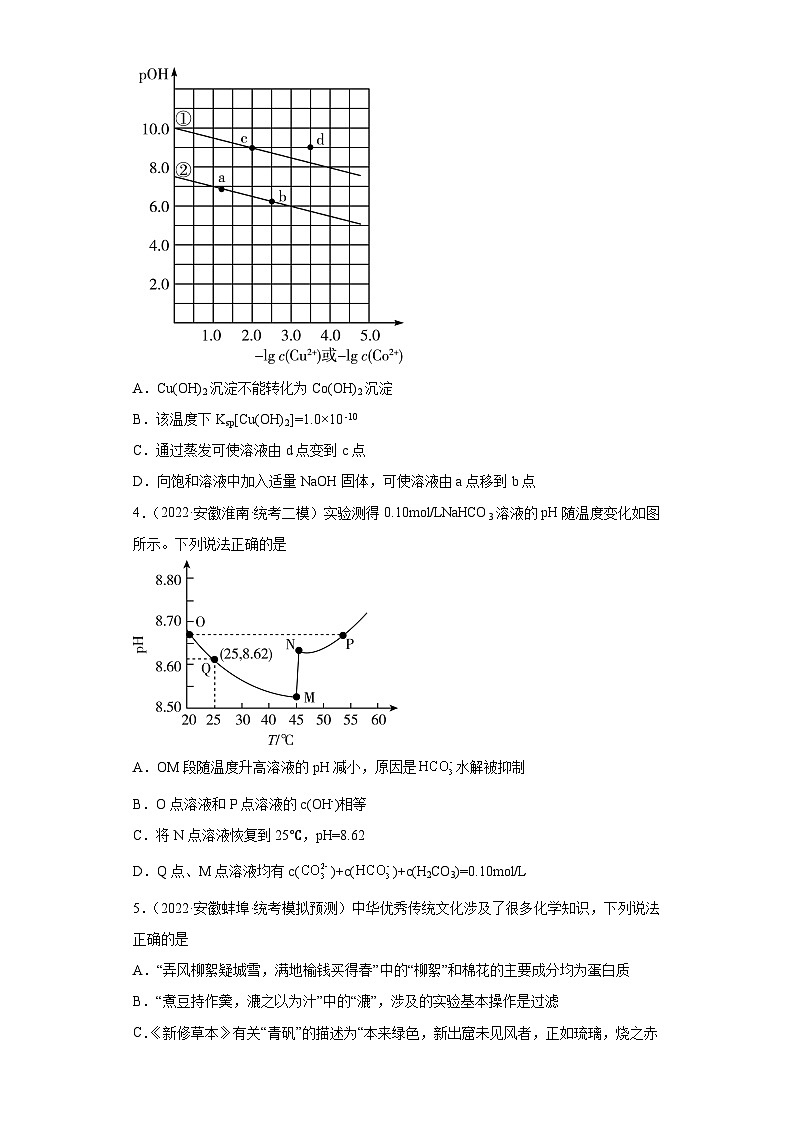 安徽省高考化学三年（2021-2023）模拟题汇编-20水溶液中的离子反应和平衡（2）02