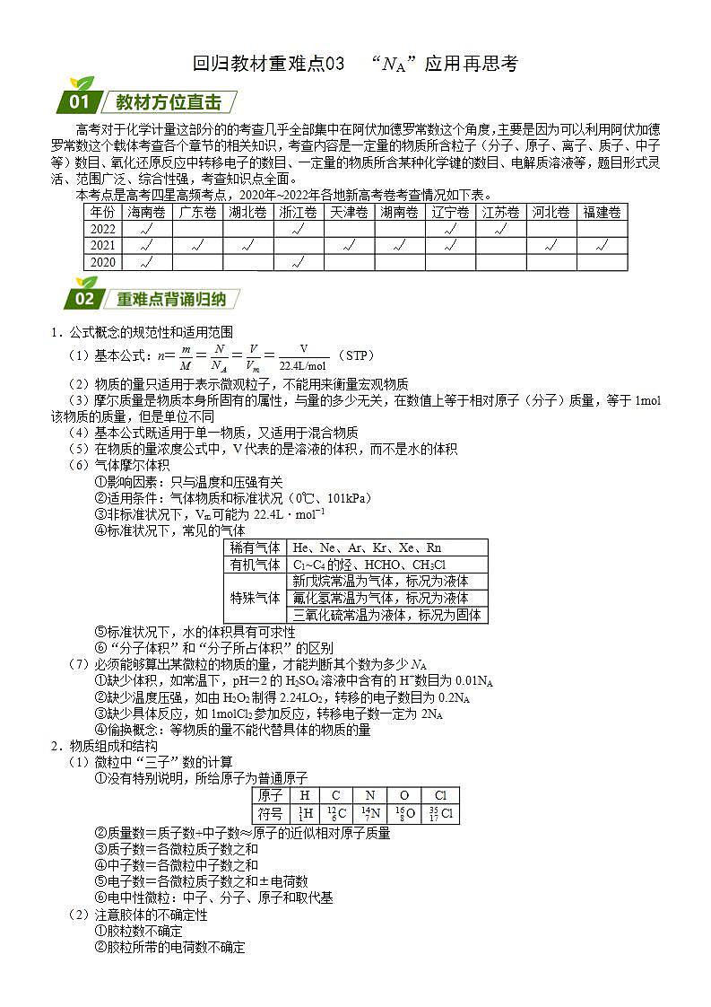 回归教材重难点03  “NA”应用再思考-高考化学三轮冲刺过关（新高考专用） 试卷01