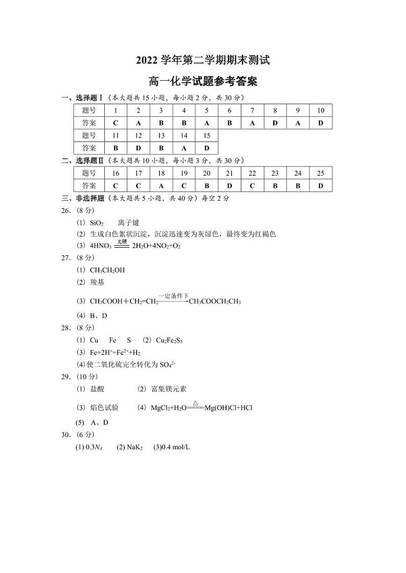 2023杭州高一下学期期末考试化学含答案01