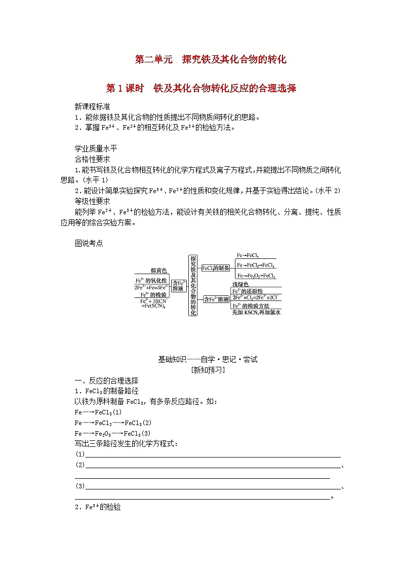 新教材2023版高中化学专题9金属与人类文明第二单元探究铁及其化合物的转化第1课时铁及其化合物转化反应的合理选择学案苏教版必修第二册第1页