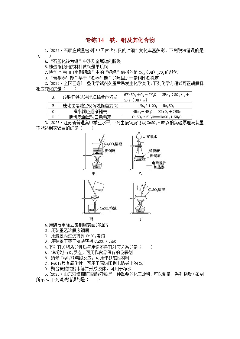 新高考2024版高考化学一轮复习微专题小练习专练14铁铜及其化合物第1页