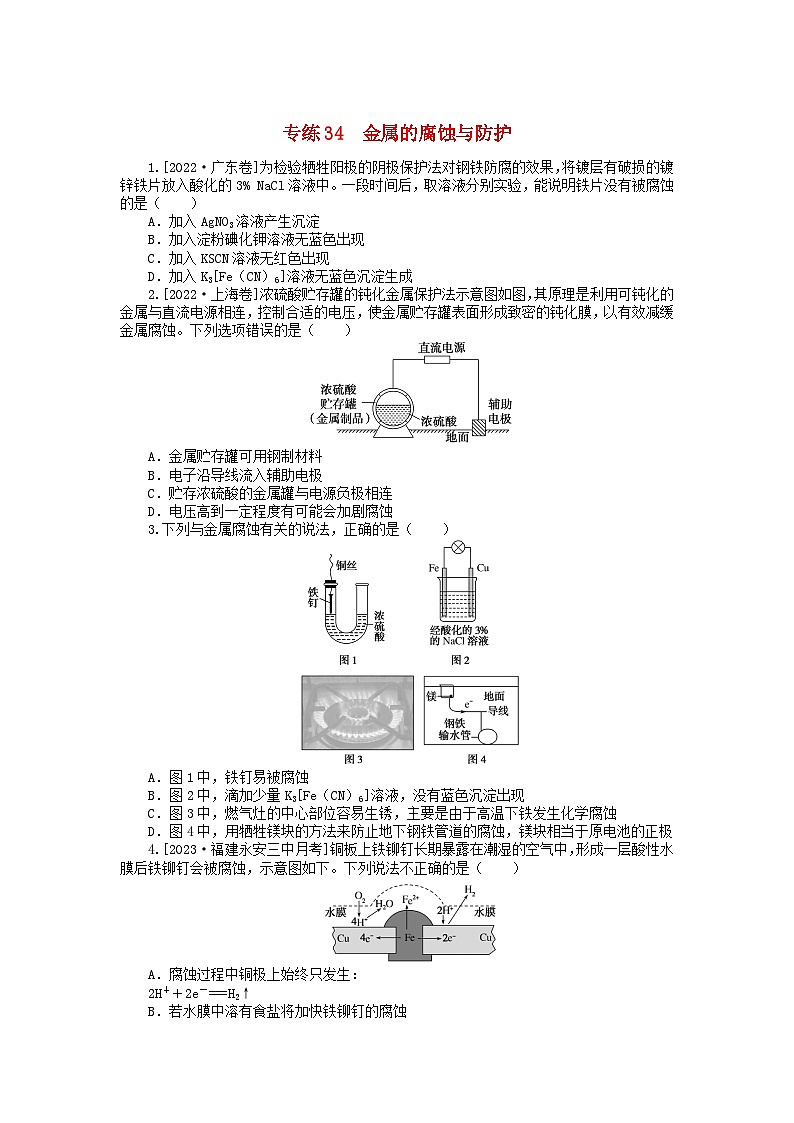 新高考2024版高考化学一轮复习微专题小练习专练34金属的腐蚀与防护第1页