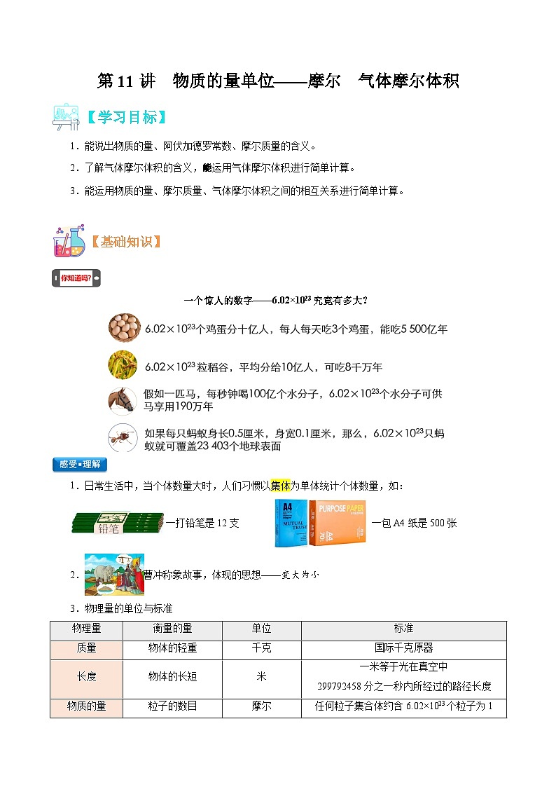 【暑假初升高】人教版化学初三（升高一）暑假预习-第11讲 物质的量单位——摩尔  气体摩尔体积（解析版） 第1页