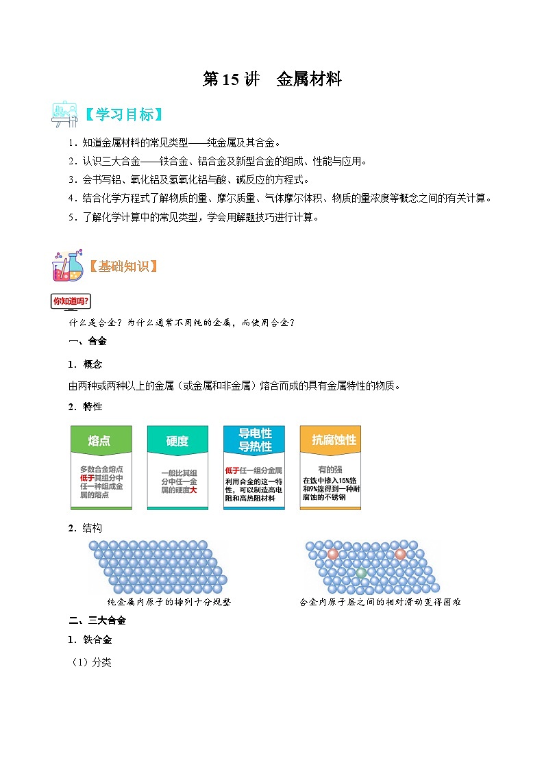 【暑假初升高】人教版化学初三（升高一）暑假预习-第15讲 金属材料 讲学案01