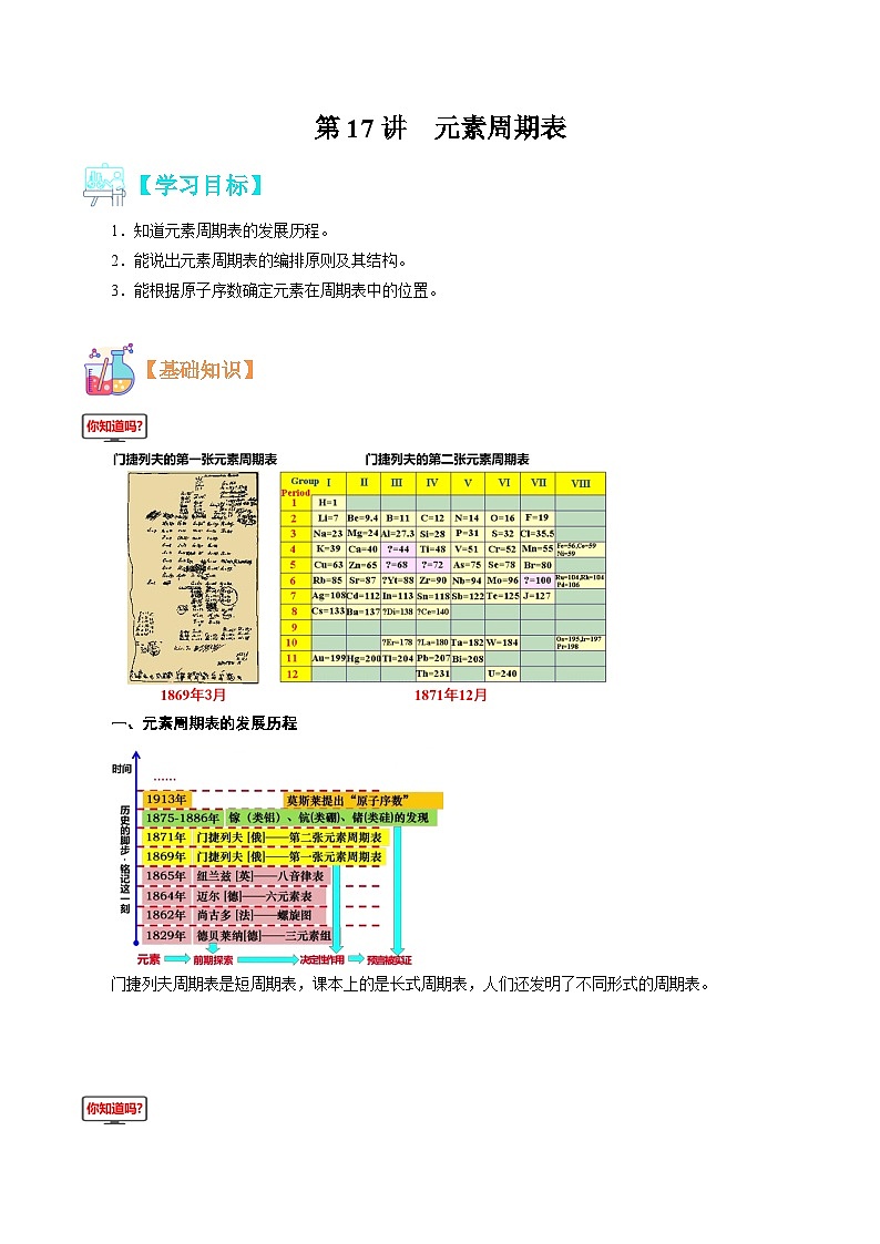 【暑假初升高】人教版化学初三（升高一）暑假预习-第17讲 元素周期表 讲学案01