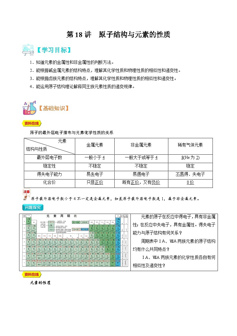 【暑假初升高】人教版化学初三（升高一）暑假预习-第18讲  原子结构与元素的性质（原卷版） 第1页