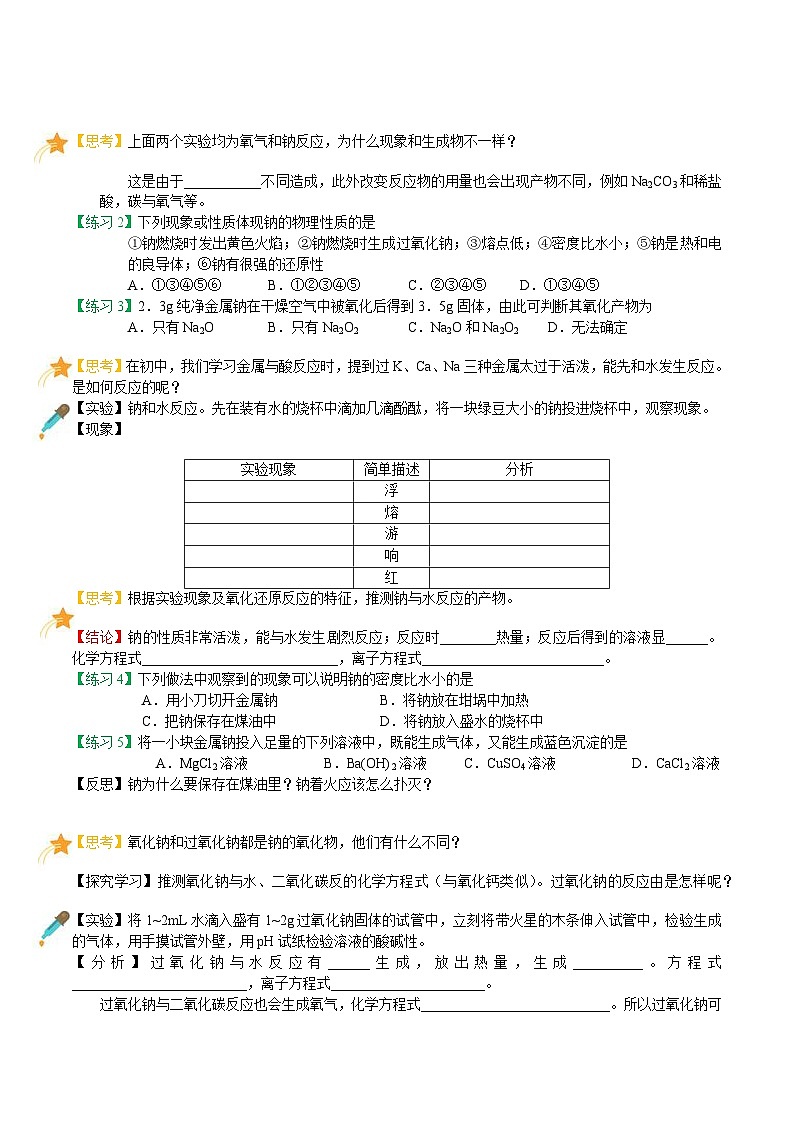 【暑假初高衔接】人教版化学初三（升高一）暑假预习-（必修1）第05课 钠及其化合物（1） 讲学案03