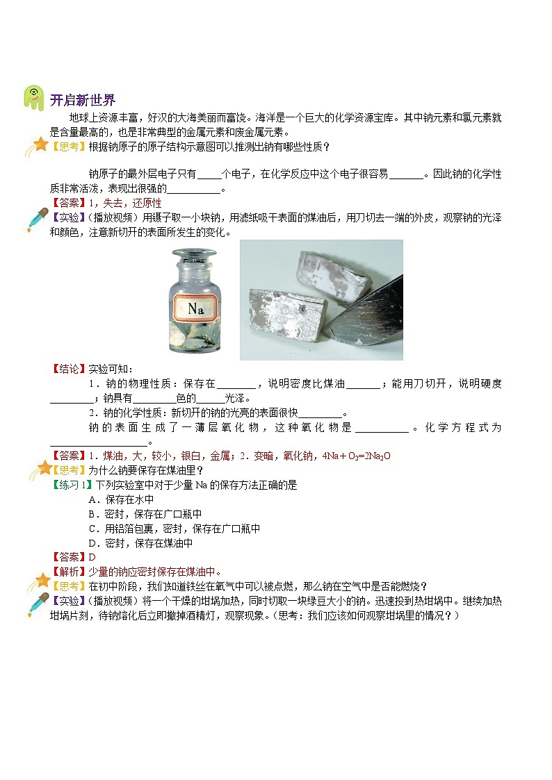 【暑假初高衔接】人教版化学初三（升高一）暑假预习-（必修1）第05课 钠及其化合物（1） 讲学案02