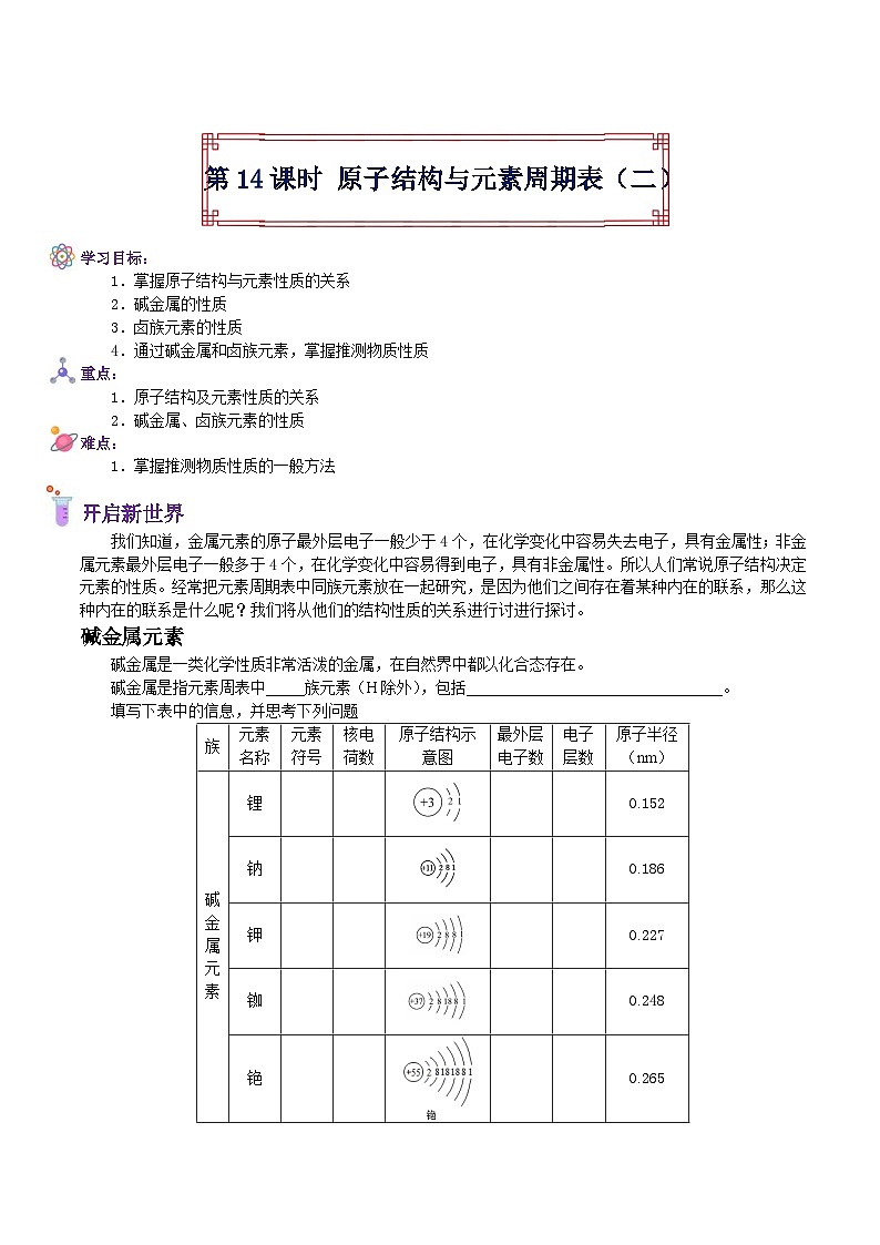 【暑假初高衔接】人教版化学初三（升高一）暑假预习-（必修1）第14课 原子结构与元素周期表（二） 讲学案01