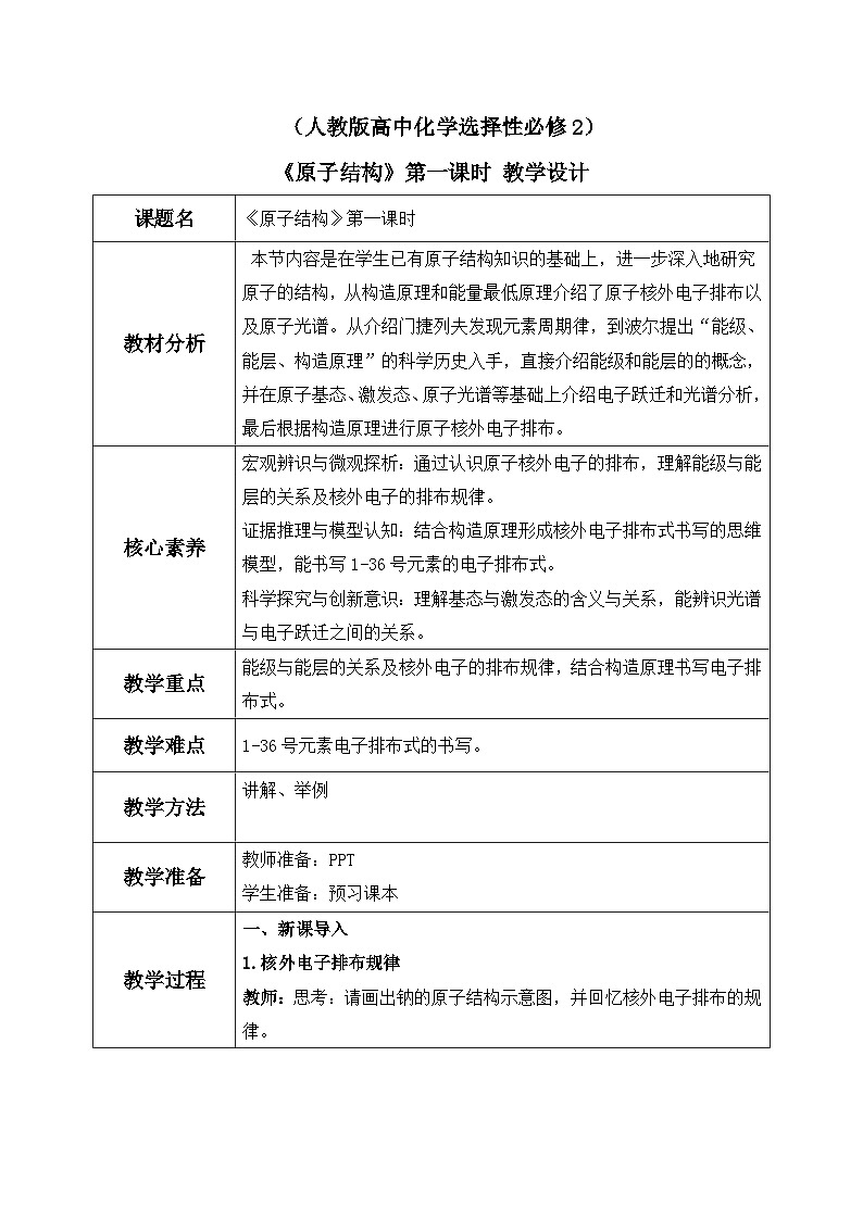 【核心素养】人教版高中化学选修二 《原子结构》第一课时 课件+教学设计（含教学反思）01