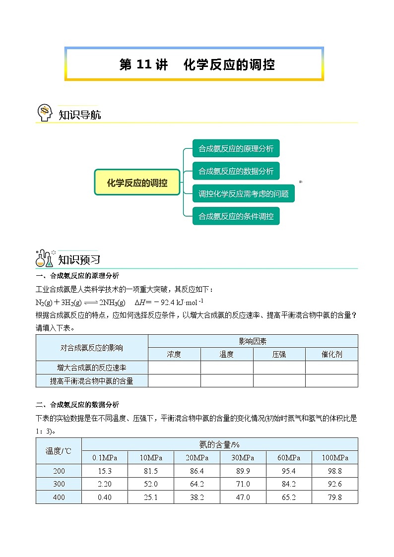 【暑假提升】人教版2019化学高一（升高二）暑假预习-（选修1）第11讲 化学反应的调控  讲学案01