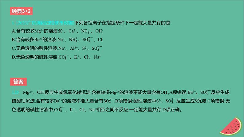 2024版高考化学一轮复习专题基础练专题一物质及其转化考点2离子反应作业课件第2页