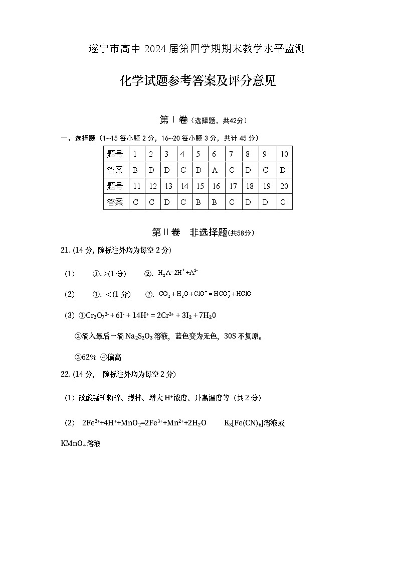 四川省遂宁市2022-2023学年高二下学期期末监测化学试题01
