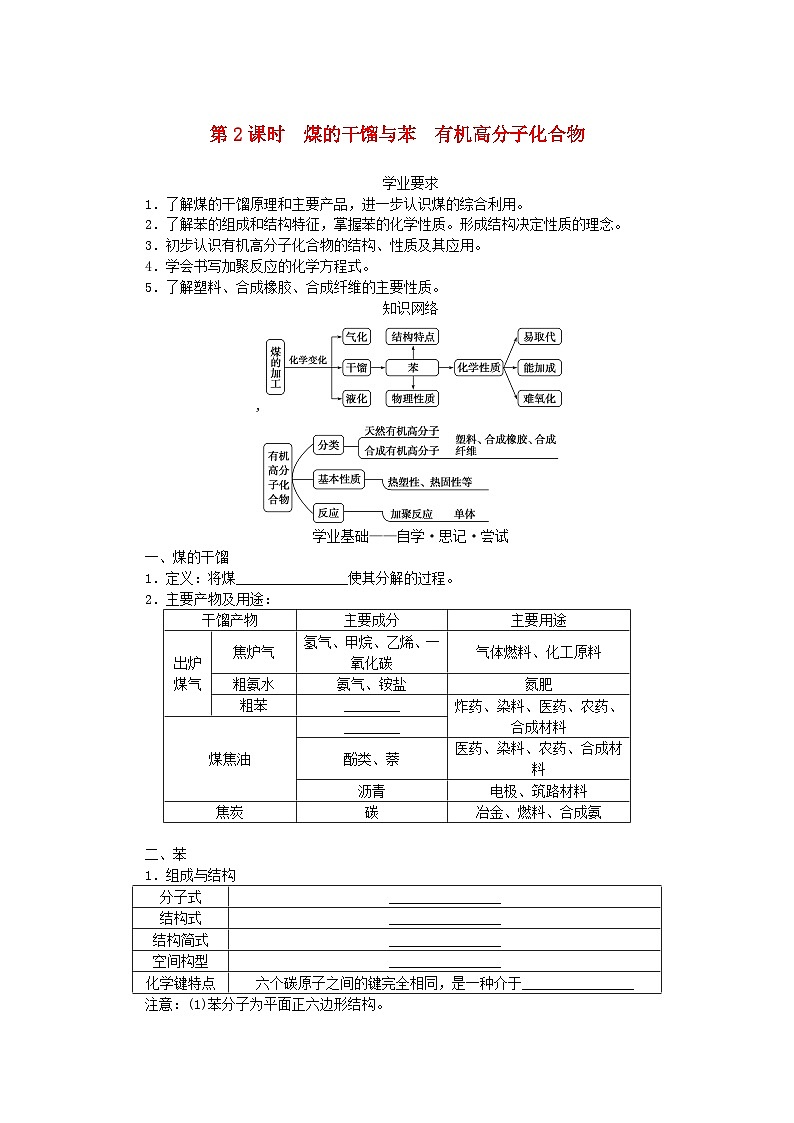 新教材2023版高中化学第3章简单的有机化合物第2节从化石燃料中获取有机化合物第2课时煤的干馏与苯有机高分子化合物学案鲁科版必修第二册第1页