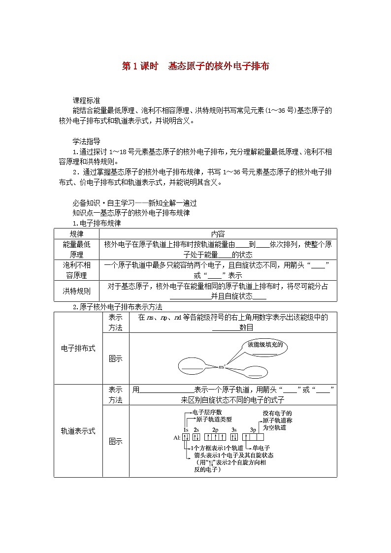 新教材2023版高中化学第1章原子结构与元素性质第2节原子结构与元素周期表第1课时基态原子的核外电子排布学案鲁科版选择性必修201