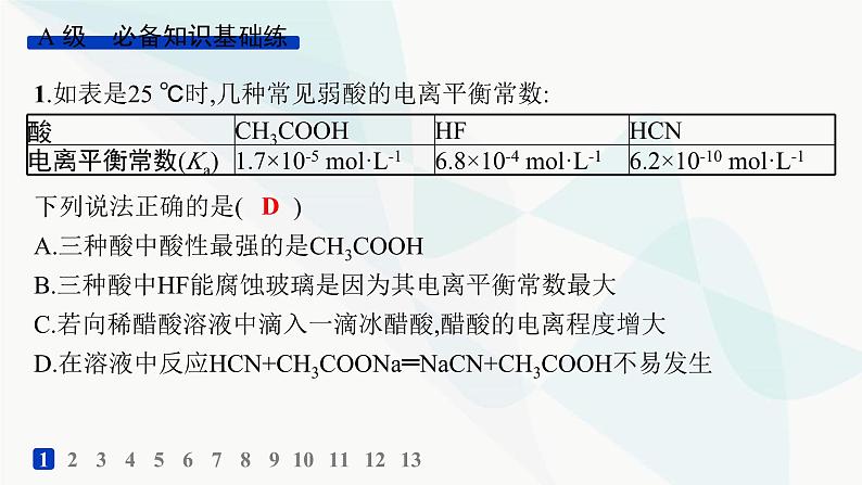 鲁科版高中化学选择性必修1第3章物质在水溶液中的行为分层作业16弱电解质的电离平衡课件第2页