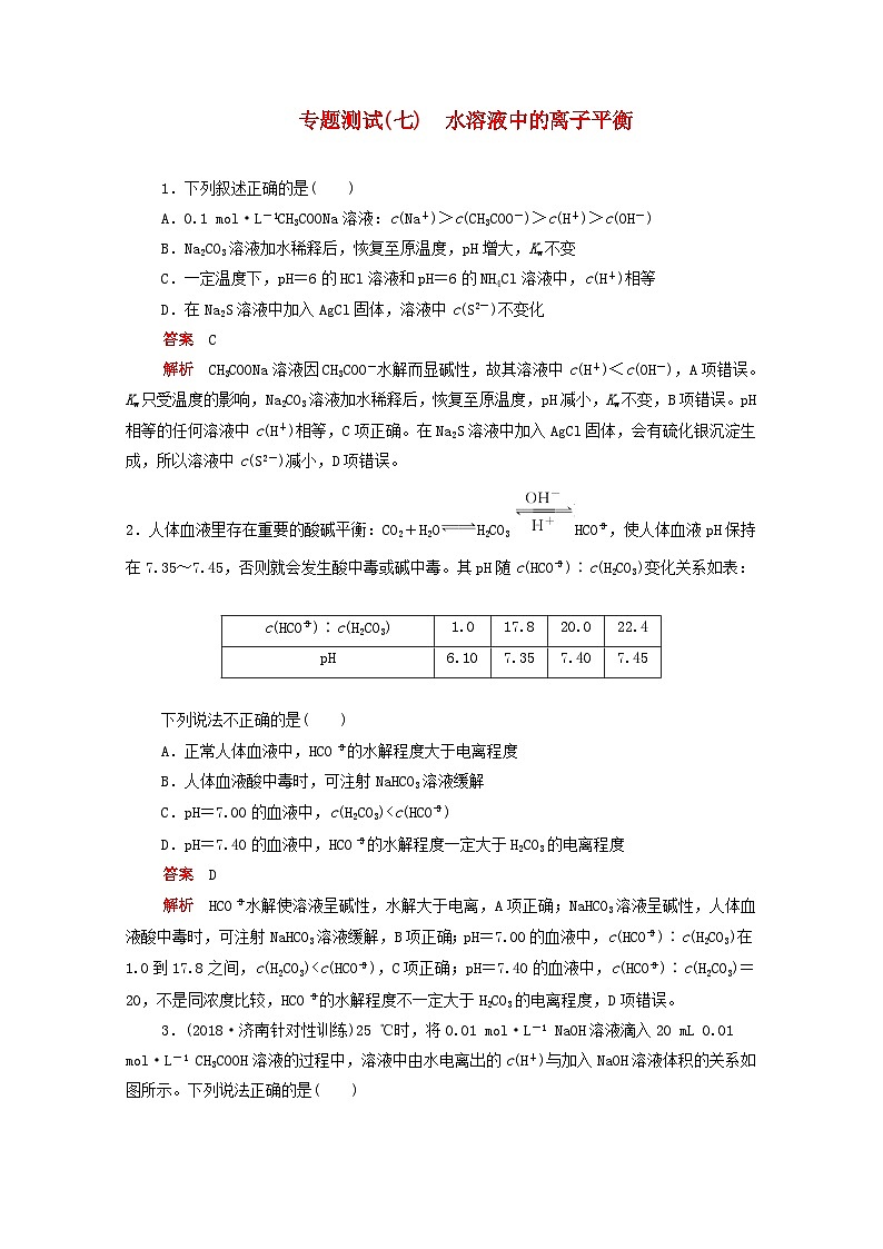 高考化学一轮复习专题测试七水溶液中的离子平衡（含解析）01