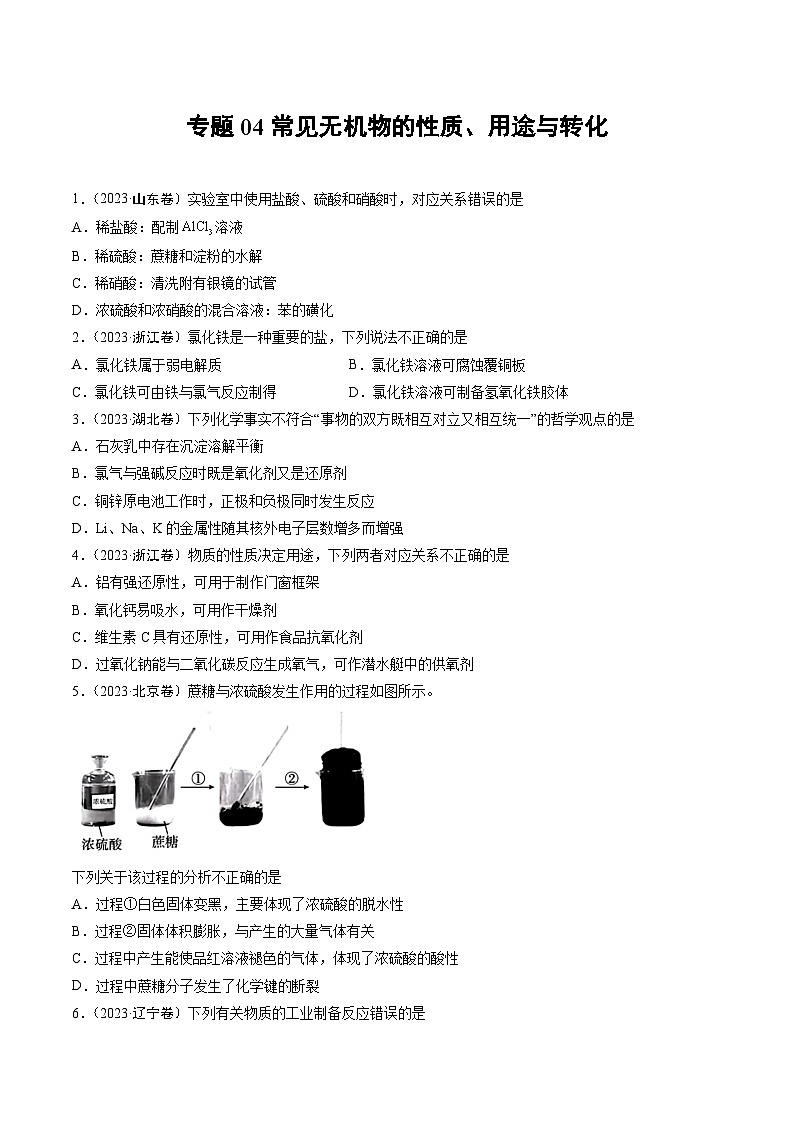2023年高考化学真题分类汇编 专题04 常见无机物的性质、用途与转化01