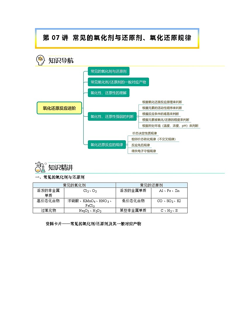 【人教版】化学必修一第07讲  《氧化还原反应》（常见的氧化剂与还原剂、氧化还原规律）课件+内嵌视频+讲义01