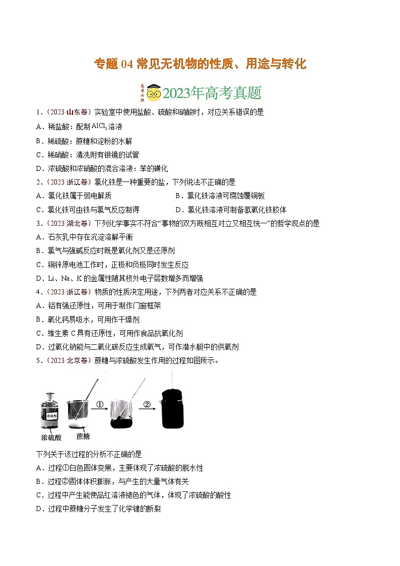 2023年高考真题和模拟题化学分项汇编（全国通用）专题04 常见无机物的性质、用途与转化（原卷版）01
