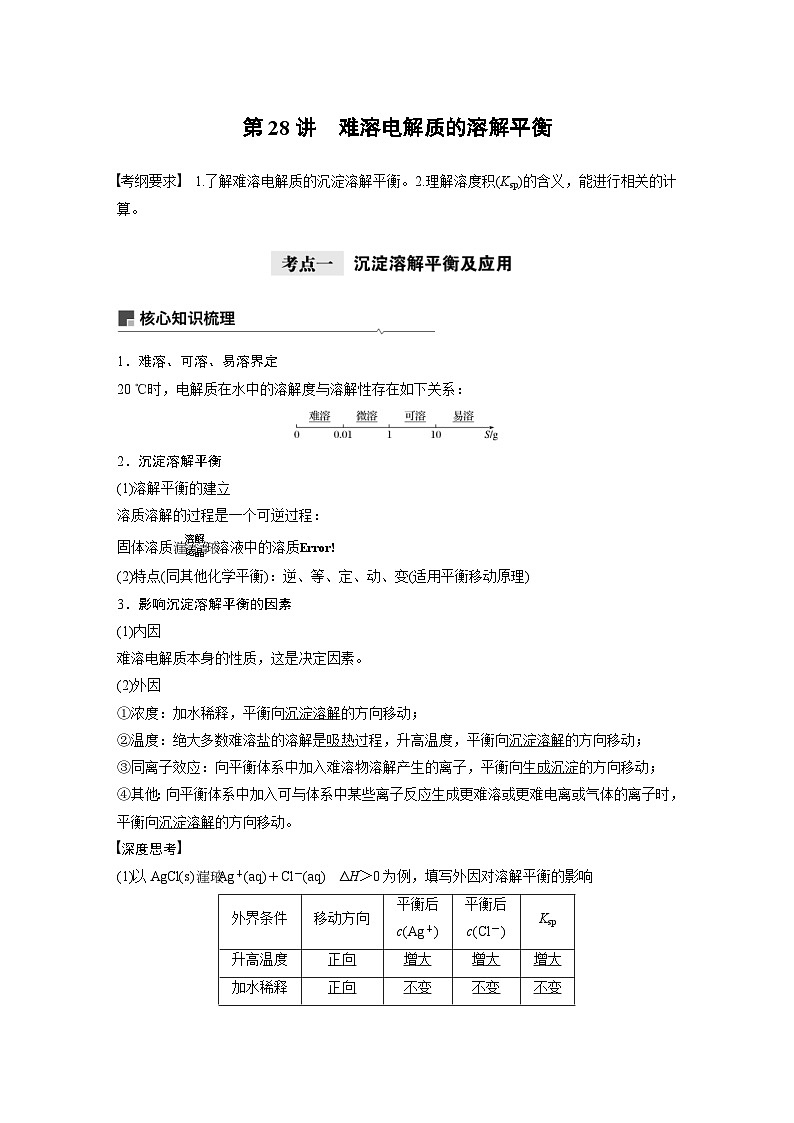 高考化学一轮复习讲练 第8章 第28讲　难溶电解质的溶解平衡 (含解析)01