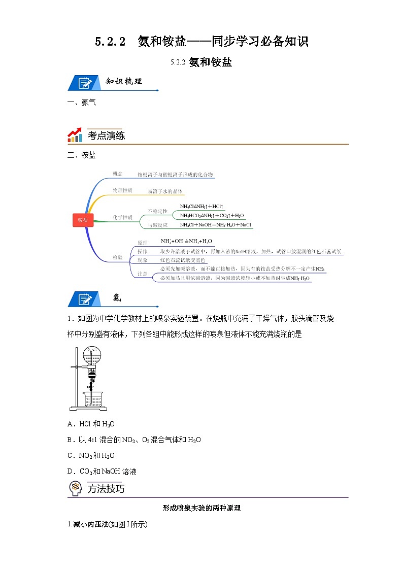 【思维导图】人教版高中化学必修二《5.2.2氨和铵盐》同步学习思维导图+学练01