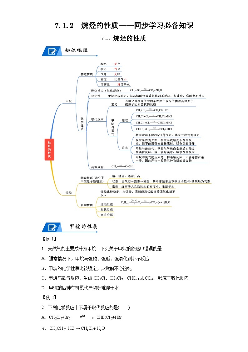 【思维导图】人教版高中化学必修二《7.1.2烷烃的性质》同步学习思维导图+学练01